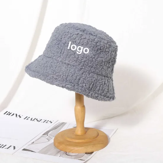 Custom Logo Solid Color Women Plush Fur Thick Lamb White Bucket Hat