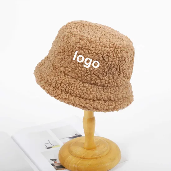 Custom Logo Solid Color Women Plush Fur Thick Lamb White Bucket Hat