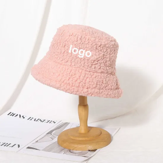 Custom Logo Solid Color Women Plush Fur Thick Lamb White Bucket Hat