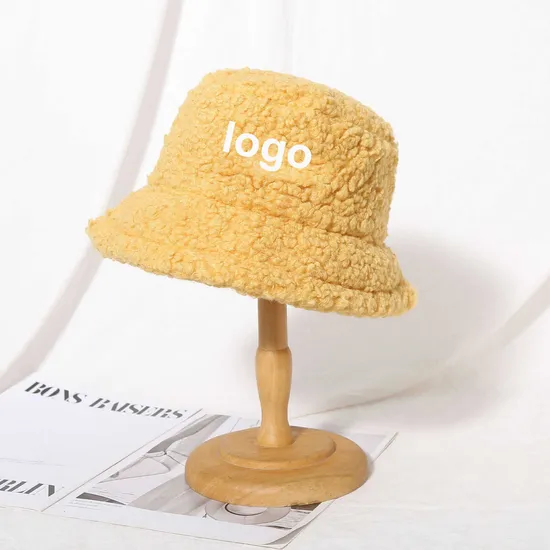 Custom Logo Solid Color Women Plush Fur Thick Lamb White Bucket Hat