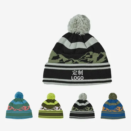 Factory Direct Warm Winter Acrylic Jacquard Knitted Bobble Hat Team Beanie Embroidery Logo POM POM Beanie