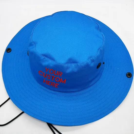 High Quality Custom Embroidery Logo Outdoor Fisherman Hat Big Brim Plain Boonie Hat Custom Nylon Bucket Hats with String