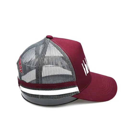 Hot Sell Adult Trucker Caps Custom Burgundy 2 Stripes Australia Truckers Hat with Plastic Back Buckle