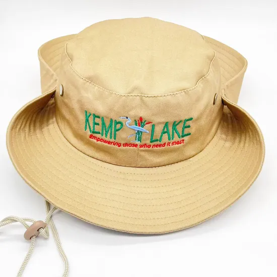 OEM High Quality Unisex Khaki Boonie Fishing Cap with String Custom Embroidery Design Wide Brim Bucket Hat