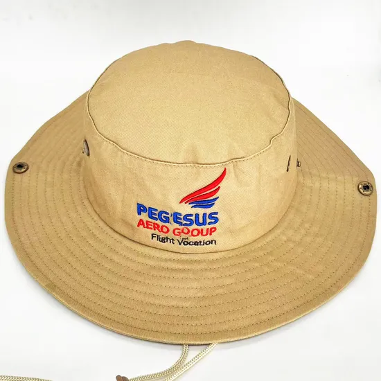 OEM High Quality Unisex Khaki Boonie Fishing Cap with String Custom Embroidery Design Wide Brim Bucket Hat