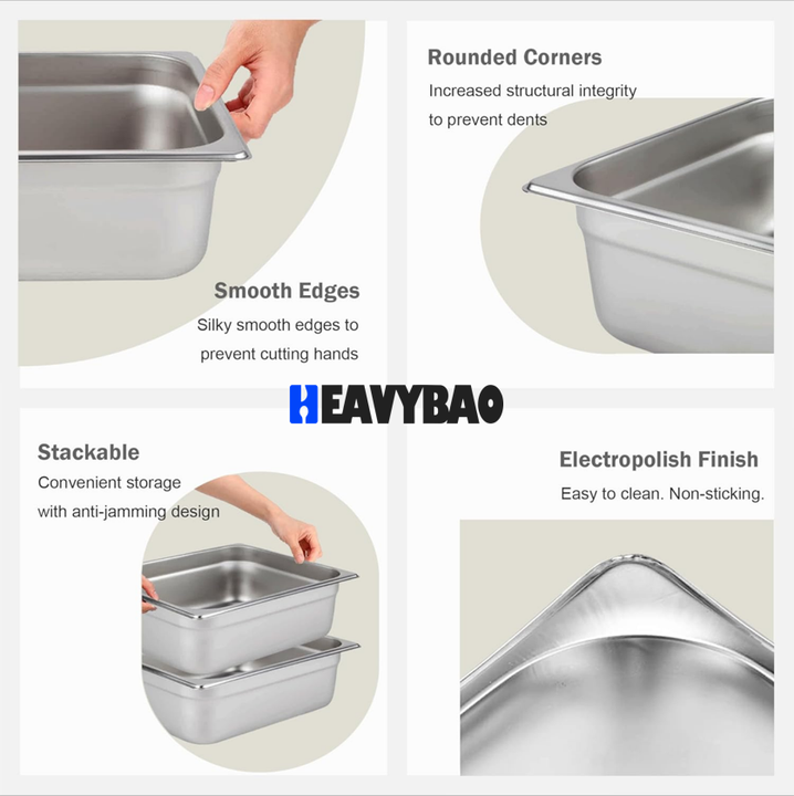 Heavybao Commercial Stainless Steel GN Pan for Buffet Anti-Jam Steam Table Pan for Hotel Restaurant Canteen