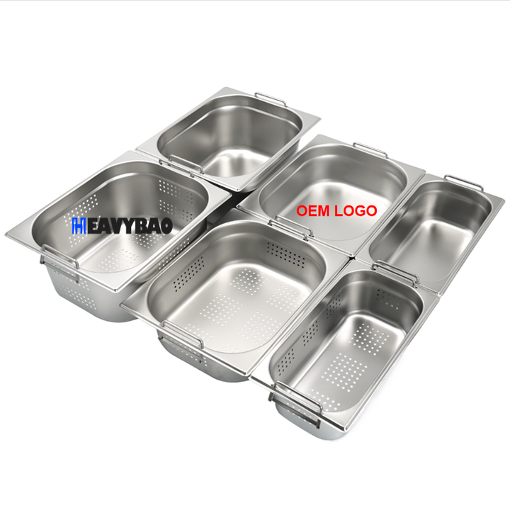 Heavybao Commercial Stainless Steel Gastronorm Containers Handle Catering Food Perforated Pans Standard GN Pan