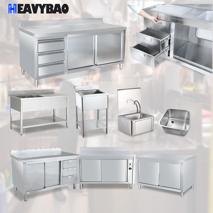 Heavybao Commercial Stainless Steel Kitchen Cabinets Sink Stainless Steel 201/304 Workbench Sink Restaurant Sink Cabinet Bulk Wholesale Chain