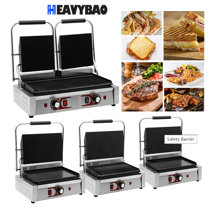 Heavybao Commercial Use Kitchen Equipment Stainless Steel Electric Panini Sandwich Press Maker Grill Contact Grill Affordable Wholesale