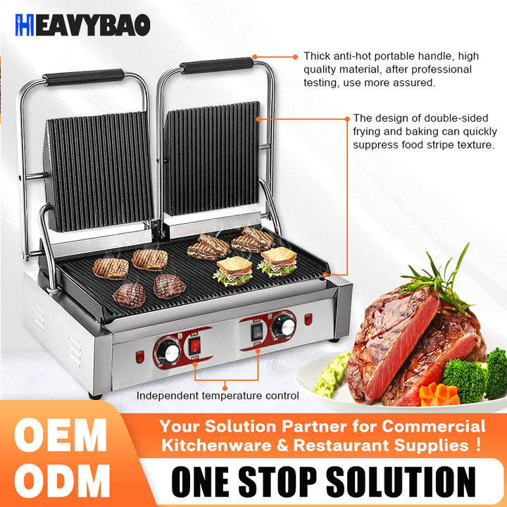 Heavybao Commercial Use Kitchen Equipment Stainless Steel Electric Panini Sandwich Press Maker Grill Contact Grill Affordable Wholesale