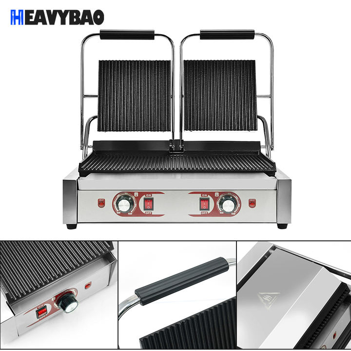 Heavybao Commercial Use Kitchen Equipment Stainless Steel Electric Panini Sandwich Press Maker Grill Contact Grill Affordable Wholesale