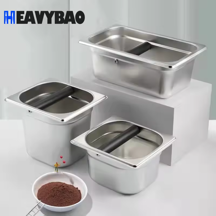 Heavybao Durable Wood Edge New Style Stainless Steel Coffee Residue Slag Pot Knock Box 1/6 GN Pan