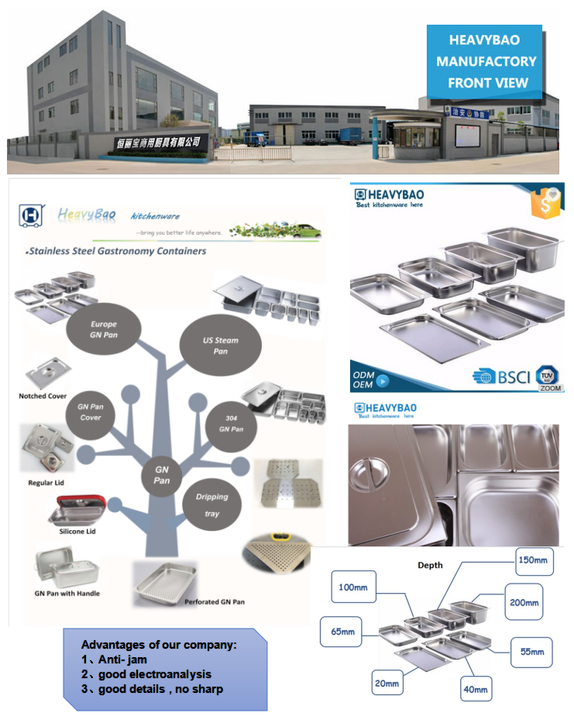 Heavybao Full Sizes Gastronorm Food Container Drain Pan Stainless Steel Steam Table Pan 1/1 GN Pans OEM Wholesale Outlet