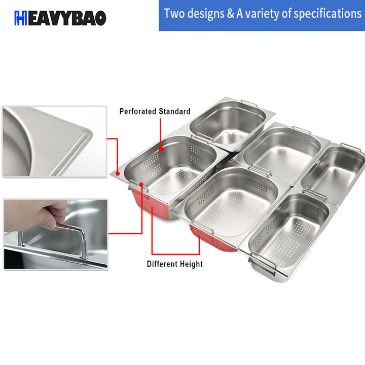 Heavybao Hotel Kitchen Equipment Stainless Steel Gastronorm Containers Handle Catering Food Pans Standard GN Pan