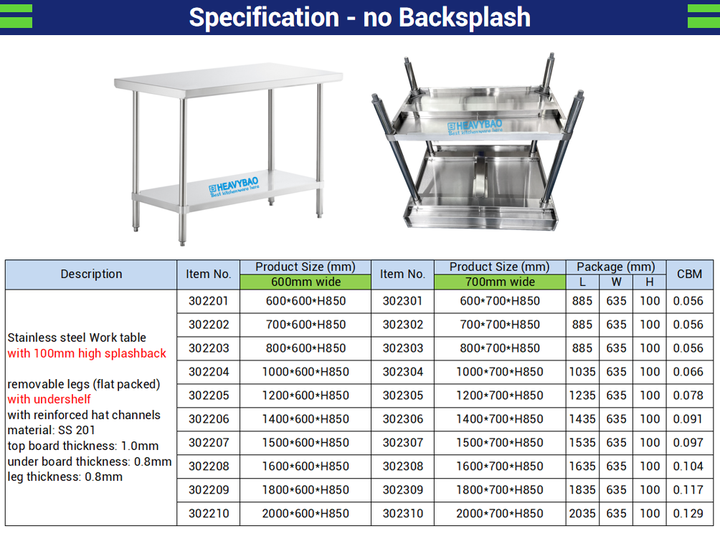 Heavybao Hotel Kitchen Equipment Stainless Steel Work Table Kitchen Work Bench Table With Drawers