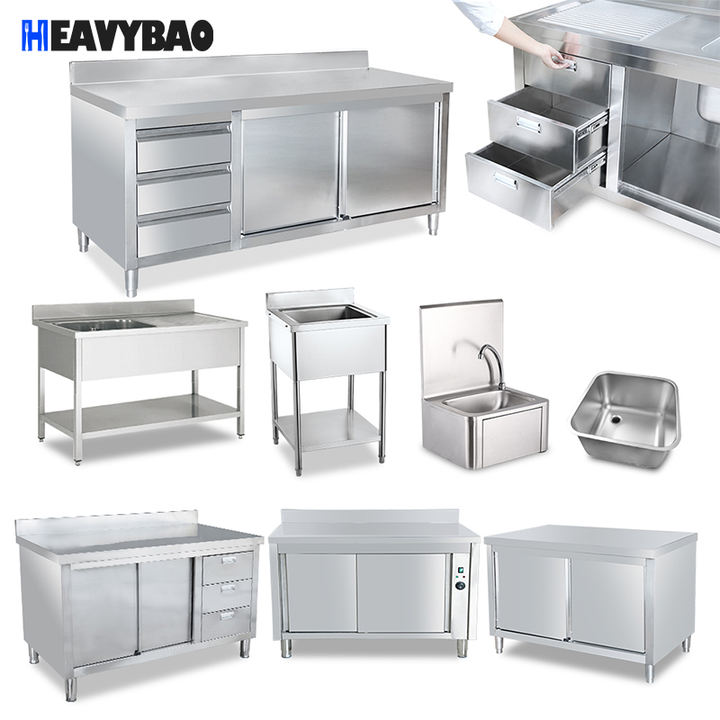 Heavybao Kitchen Equipment Work Bench Restaurant Stainless Steel Table Kitchen Wort Table Cabinet Sink Factory Direct