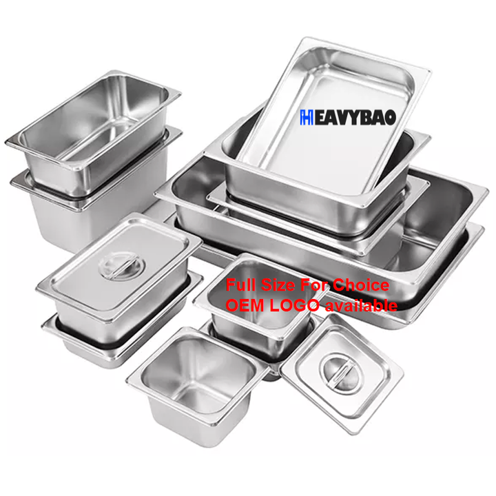 Heavybao LFGB Approved Standard Sizes Stainless Steel Gastronorm Food Pan Buffet Food Container Steam Table Anti Jam GN Pan