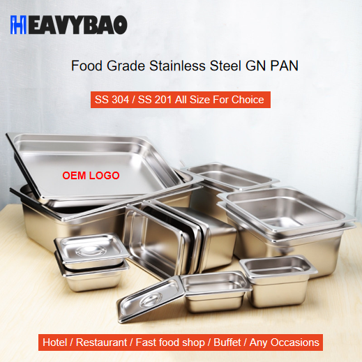 Heavybao LFGB Approved Standard Sizes Stainless Steel Gastronorm Food Pan Buffet Food Container Steam Table Anti Jam GN Pan