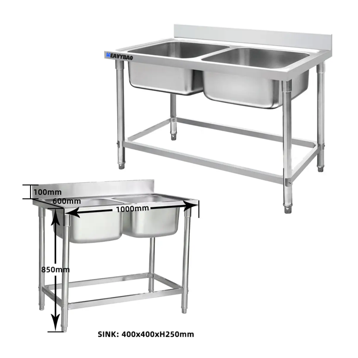 Heavybao Restaurant Kitchen Equipment Double Bowls Custom Stainless Steel Dish Washing Sinks