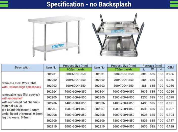 Heavybao Restaurant Knocked-down Lab Kitchen Service Stand Stainless Steel Work Table With Backsplash China Factory Direct Export