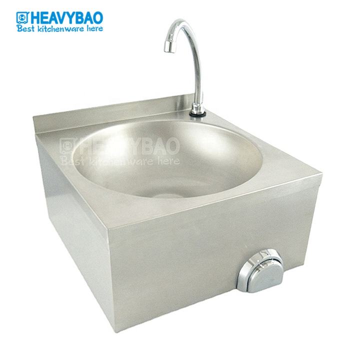 Heavybao Small Stainless Steel Hotel Knee Operated Industrial Kitchen Wash Basin Wall Mounted Hand Sink