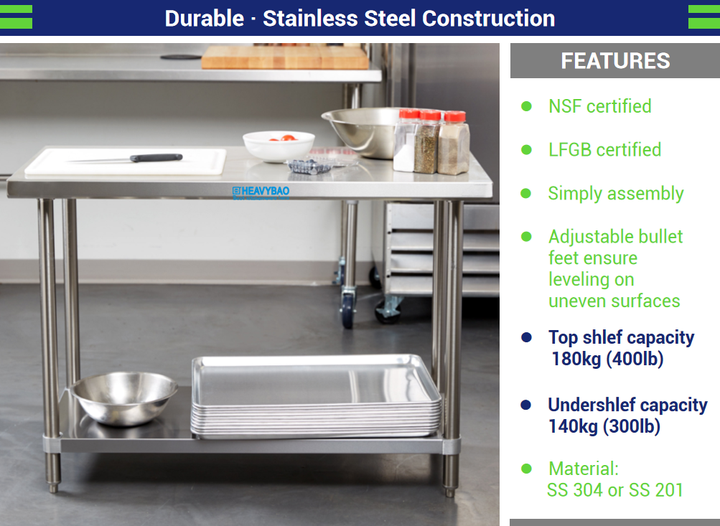 Heavybao Stainless Steel 304 Round Tube Work Table Lab Kitchen Equipment Restaurant & Hotel Work Bench Food Preparation China Bulk Supplier Customization