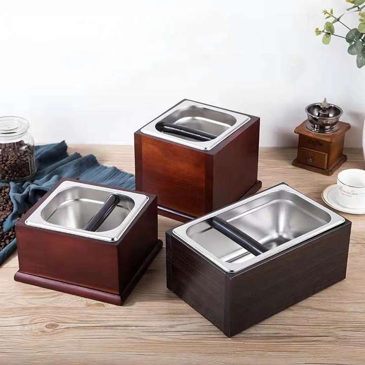 Heavybao Stainless Steel Commercial Coffee Knock Box Coffee Grounds Knock Box With Wooden Base Industrial Wholesale