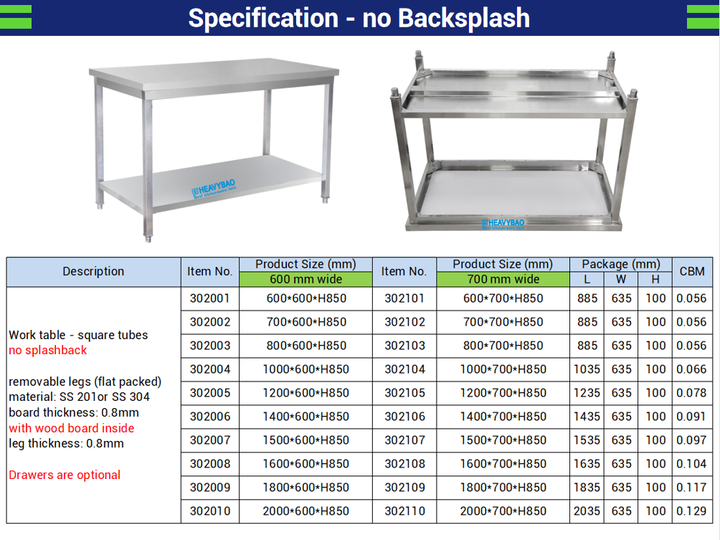 Heavybao Stainless Steel Commercial Kitchen Furniture Food Preparation Work Table For Restaurant Factory Direct Sales Export