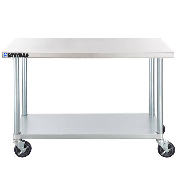 Heavybao Stainless Steel Commercial Work Table with Galvanized Legs, Undershelf, and Casters Direct Wholesale