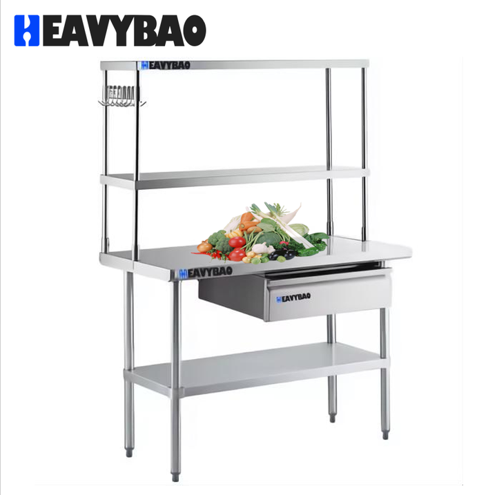 Heavybao Stainless Steel Commercial Work Table With Undershelf And Overshelf Drawer Pot Rack And Bun Pan Rack