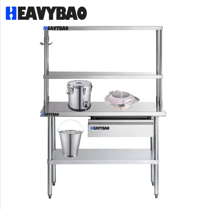 Heavybao Stainless Steel Commercial Work Table With Undershelf And Overshelf Drawer Pot Rack And Bun Pan Rack