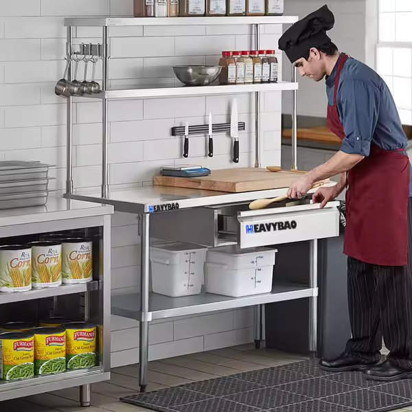 Heavybao Stainless Steel Commercial Work Table With Undershelf And Overshelf Drawer Pot Rack And Bun Pan Rack