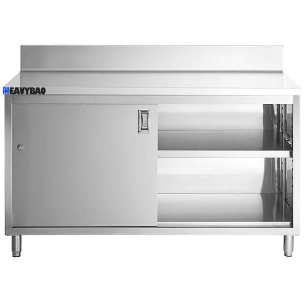 Heavybao Stainless Steel Enclosed Base Sliding Door Table With Adjustable Midshelf And Backsplash Kichen Table Bulk Orders
