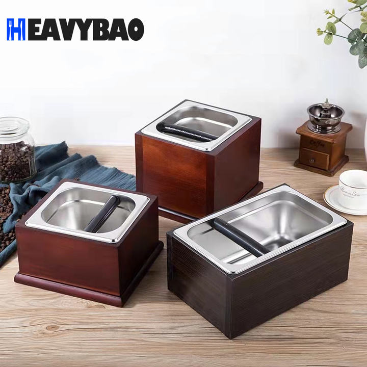 Heavybao Stainless Steel Espresso Coffee Knock Box With GN Pan Coffee Grounds Knock Box With Wooden Base Discount Factory