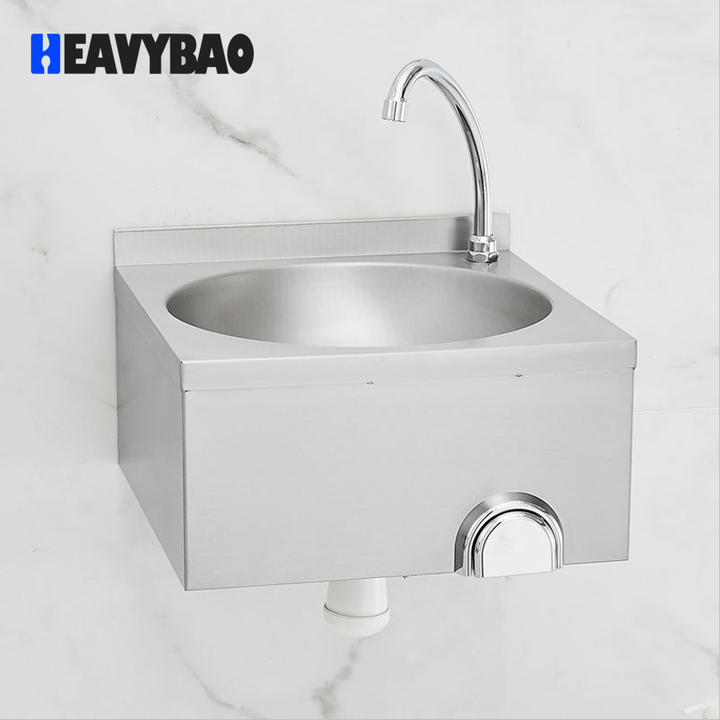 Heavybao Stainless Steel Wall Hung Knee Push Operated Sink Hand Wash Basin for Kitchen and Hospital Factory Wholesale