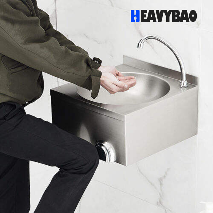 Heavybao Stainless Steel Wall Hung Knee Push Operated Sink Hand Wash Basin for Kitchen and Hospital Factory Wholesale