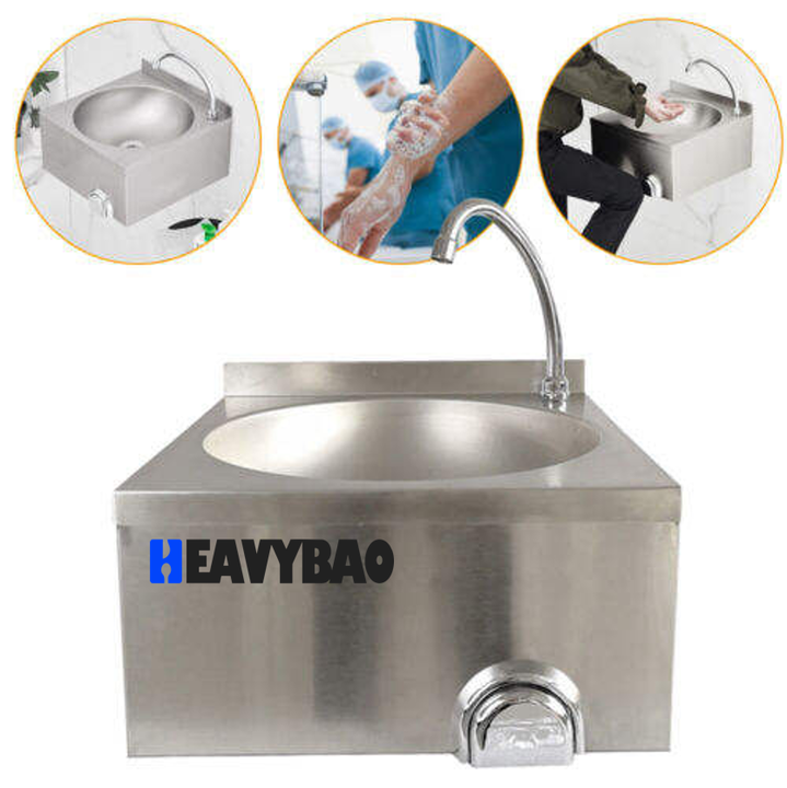 Heavybao Stainless Steel Wall Hung Knee Push Operated Sink Hand Wash Basin for Kitchen and Hospital Factory Wholesale