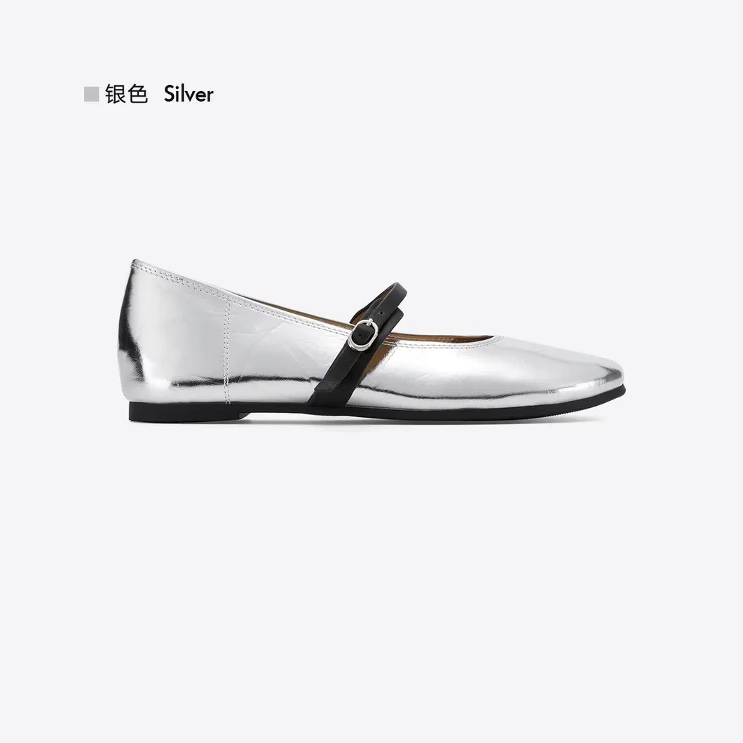 Fashion Flat Shoes 2024 Autumn New High-Quality Cowhide Silver Ballet Shoes Women′s Outer Small Leather Shoes