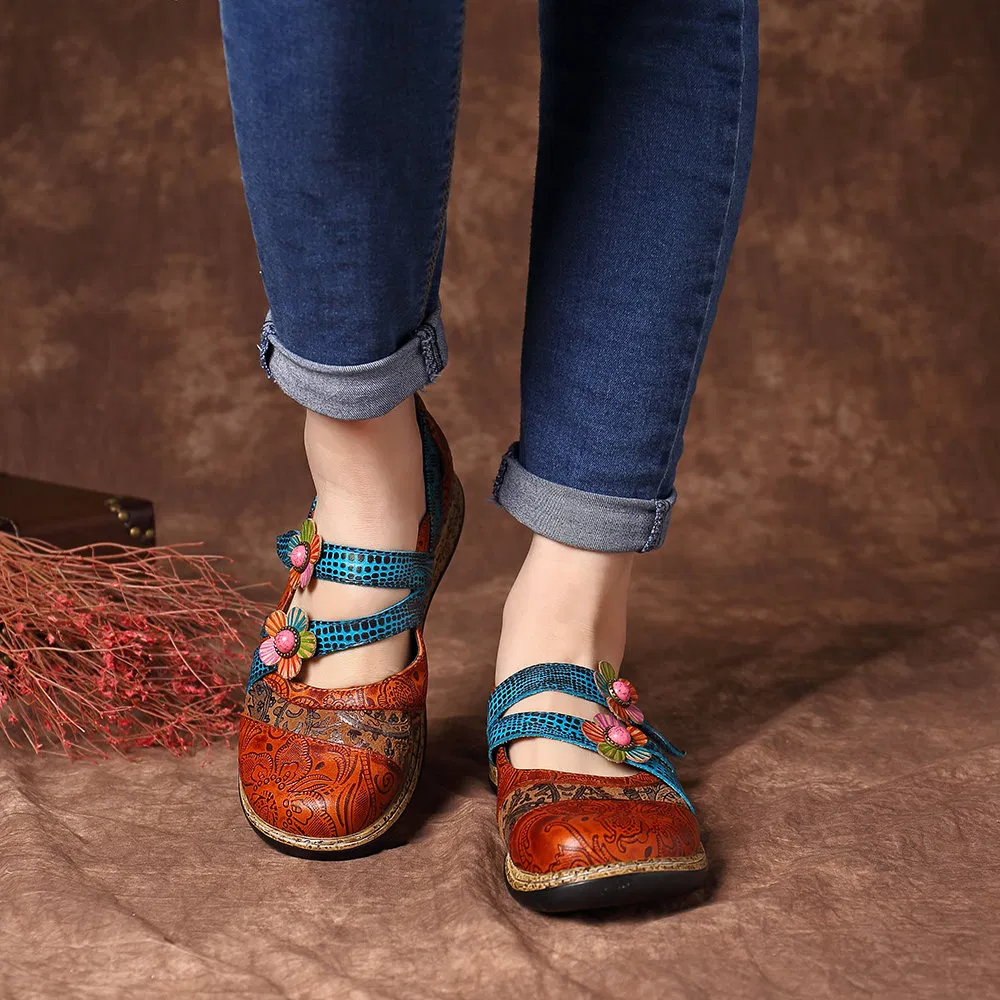 2022 Retro Floral Leather Combination Wild Striped Flat Ladies Shoes