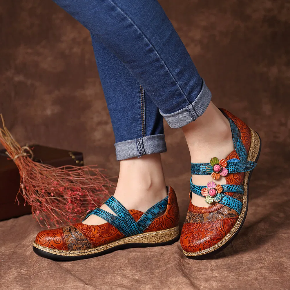 2022 Retro Floral Leather Combination Wild Striped Flat Ladies Shoes