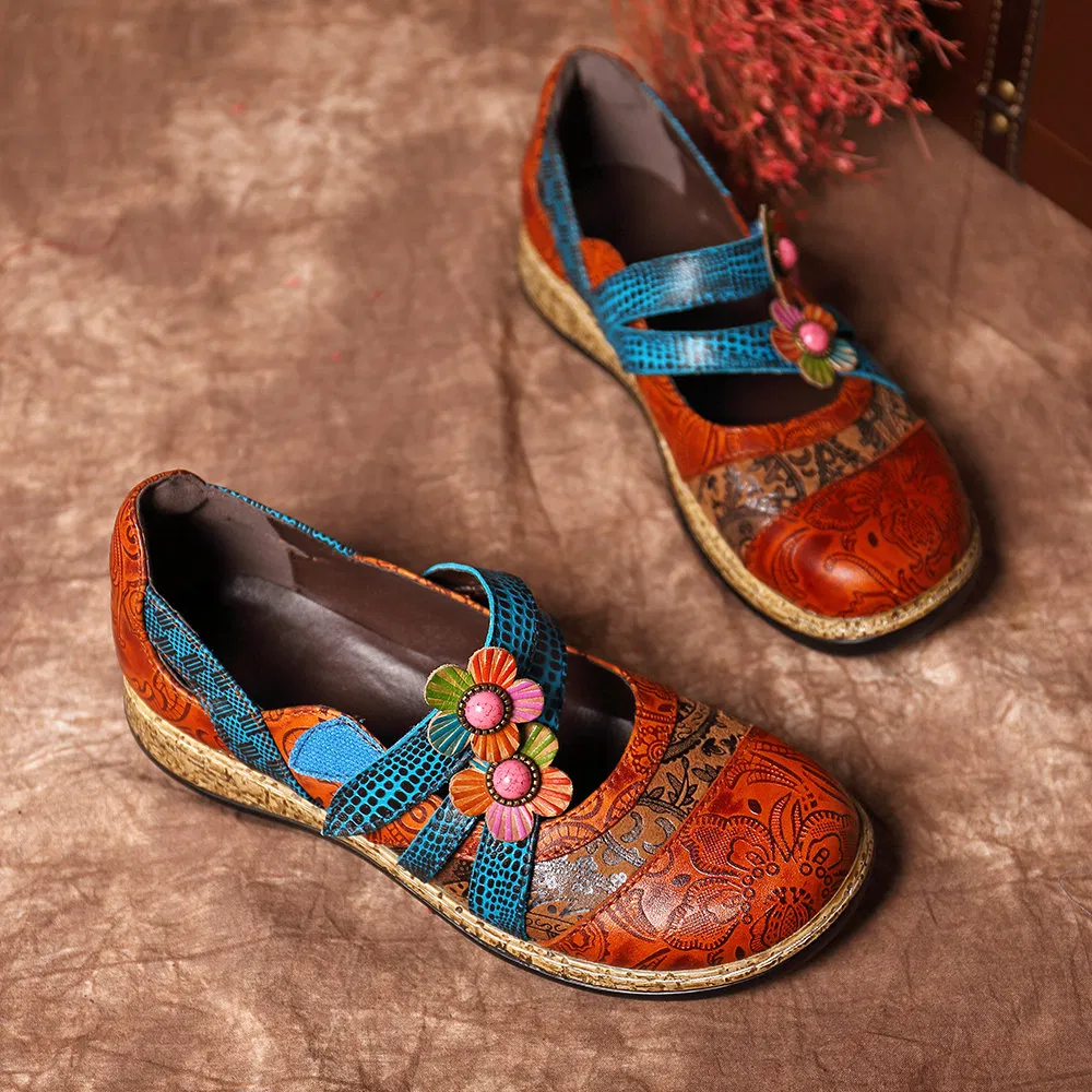 2022 Retro Floral Leather Combination Wild Striped Flat Ladies Shoes