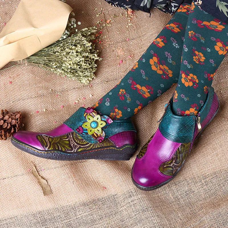 Autumn Retro Style Leather Shoes Floral Pattern Women Shoes