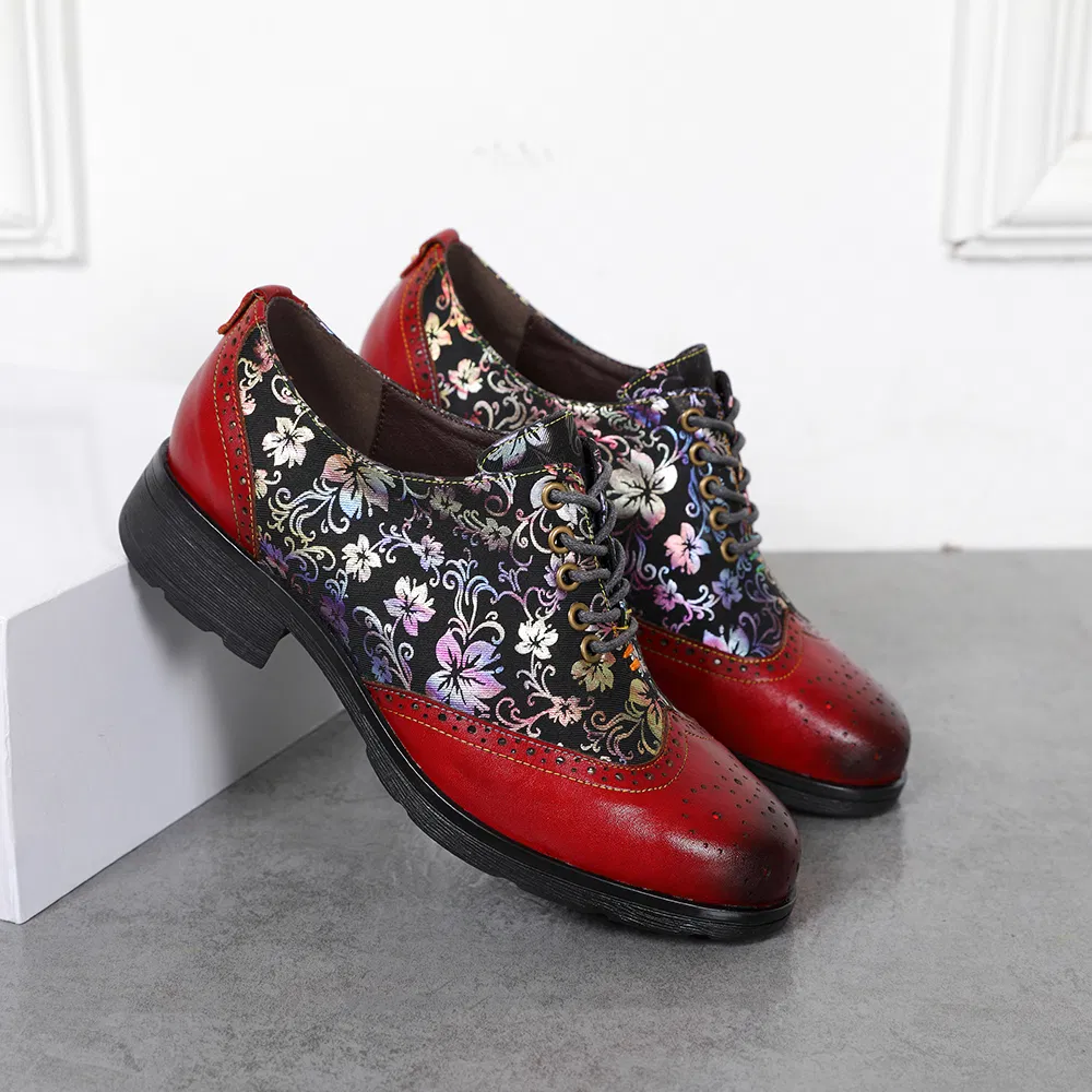 Colorful Pattern Embossed Lace up Shoes Genuine Leather Shoes