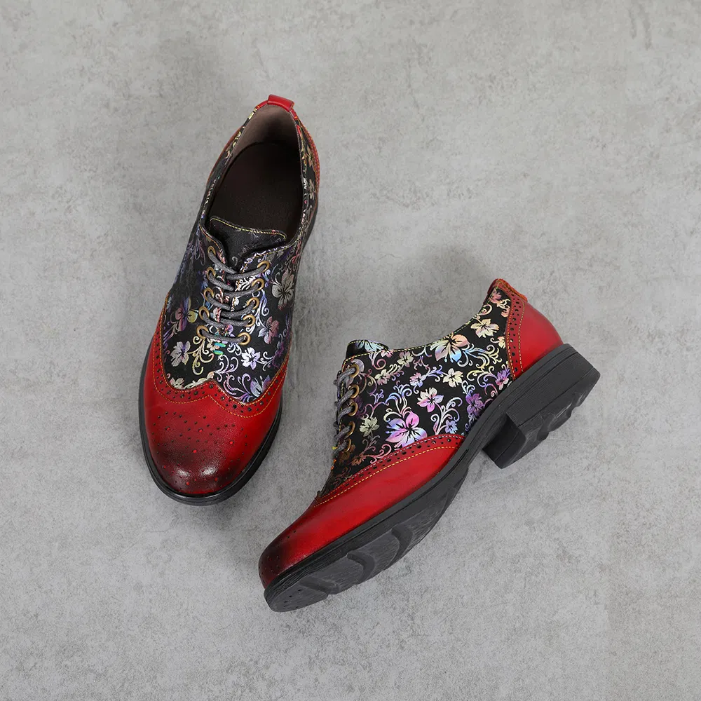 Colorful Pattern Embossed Lace up Shoes Genuine Leather Shoes