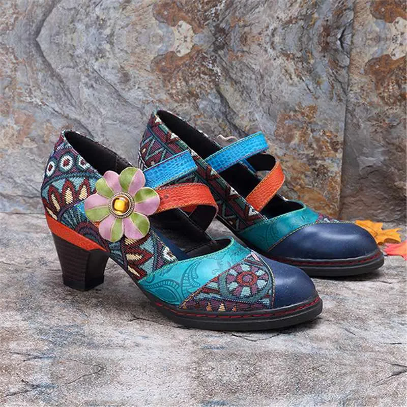 Customize Retro Causal Shoes Flower Buckle High Heel Shoes