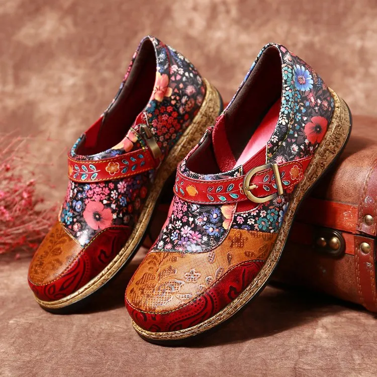 Flower-Printed Classic Ladies Flat Casual Shoes Comfort Loafers Leather Shoes