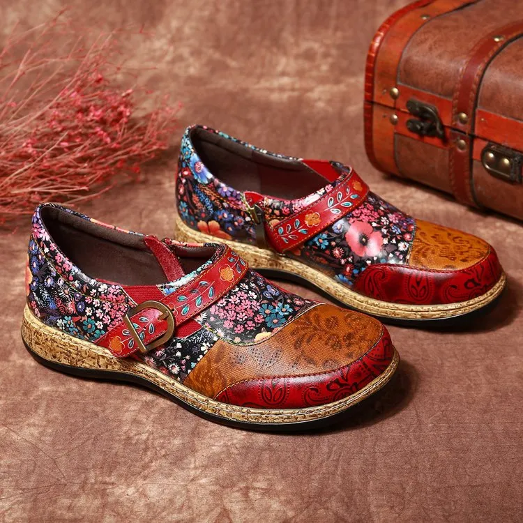 Flower-Printed Classic Ladies Flat Casual Shoes Comfort Loafers Leather Shoes