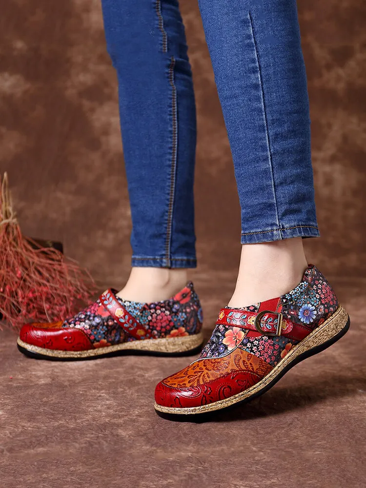 Flower-Printed Classic Ladies Flat Casual Shoes Comfort Loafers Leather Shoes