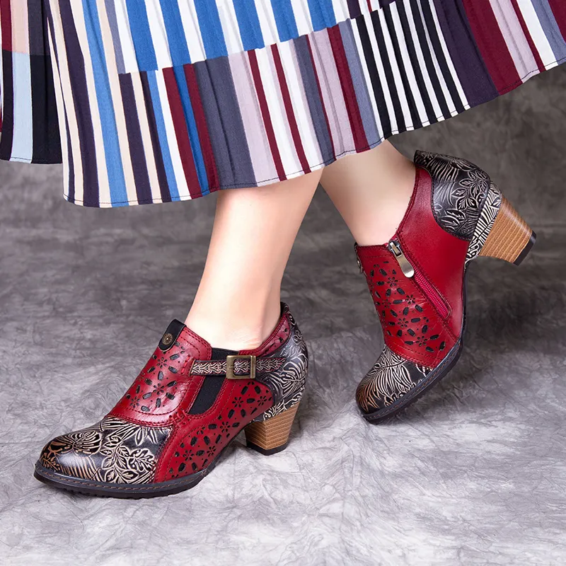 Women Fashion Flower Pattern Genuine Leather MID-Heels Shoes