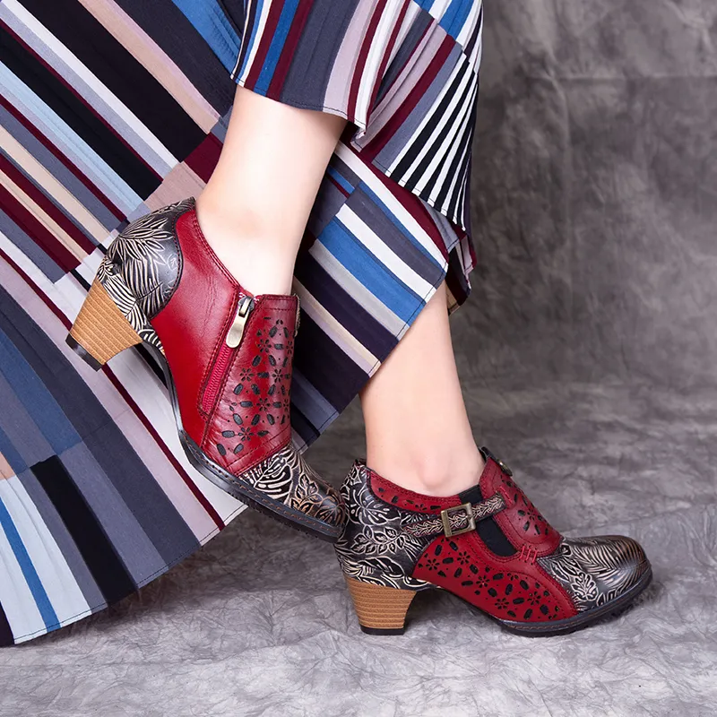 Women Fashion Flower Pattern Genuine Leather MID-Heels Shoes